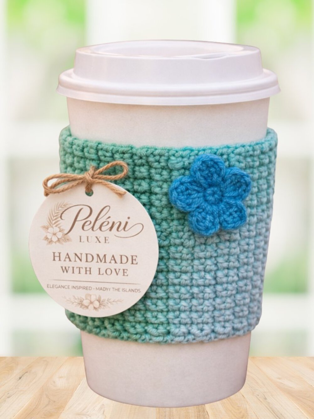Green Crochet Cup Koozie with Flower | Handmade Coffee Sleeve | Drink Holder